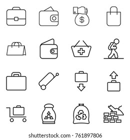 Thin line icon set : portfolio, wallet, money gift, shopping bag, add to basket, tourist, suitcase, baggage get, trolley, fertilizer, garbage, construct