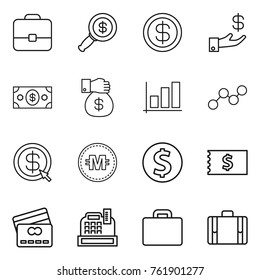 Thin line icon set : portfolio, dollar magnifier, investment, money, gift, graph, arrow, crypto currency, coin, receipt, credit card, cashbox, suitcase