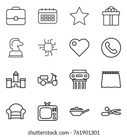 Thin line icon set : portfolio, calendar, star, gift, chess horse, chip, heart, phone, castle, scooter shipping, antique column, curtain, armchair, tv, pan, scissors