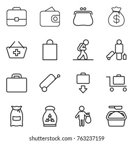 Thin line icon set : portfolio, wallet, purse, money bag, add to basket, shopping, tourist, passenger, suitcase, baggage get, trolley, flour, fertilizer, trash, washing powder