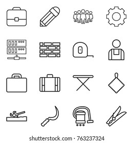 Thin line icon set : portfolio, pencil, team, gear, server, brick wall, measuring tape, workman, suitcase, iron board, rag, soil cutter, sickle, vacuum cleaner, clothespin