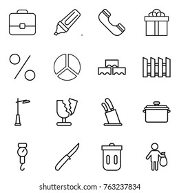 Thin line icon set : portfolio, marker, phone, gift, percent, diagram, block wall, fence, outdoor light, broken, stands for knives, pan, handle scales, knife, trash bin