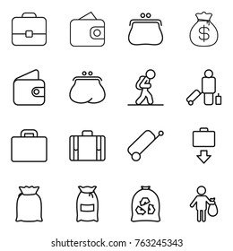 Thin line icon set : portfolio, wallet, purse, money bag, tourist, passenger, suitcase, baggage get, flour, garbage, trash