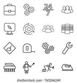 Thin Line Icon Set : Portfolio, Gear, 24 7, Group, Monitor Arrow, Around, Server, Under Construction, Measuring Tape, Gears, Wrench, Brush, Woman With Duster, Vacuum Cleaner, Iron