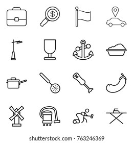 Thin line icon set : portfolio, dollar magnifier, flag, car pointer, outdoor light, fragile, anchor, washing, saute pan, skimmer, blender, eggplant, windmill, vacuum cleaner, iron board