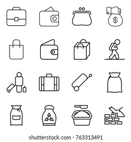 Thin line icon set : portfolio, wallet, purse, money gift, shopping bag, tourist, passenger, suitcase, flour, fertilizer, washing powder, construct garbage