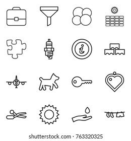 Thin line icon set : portfolio, funnel, atom core, sun power, puzzle, spark plug, info, block wall, plane, dog, key, heart pendant, scissors, hand and drop, drying clothe