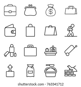 Thin line icon set : portfolio, purse, money bag, shopping, wallet, tourist, passenger, suitcase, baggage checking, flour, washing powder, construct garbage