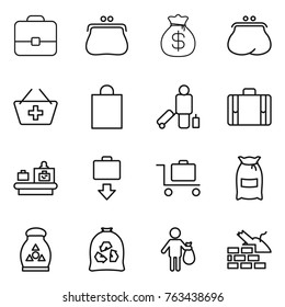 Thin line icon set : portfolio, purse, money bag, add to basket, shopping, passenger, suitcase, baggage checking, get, trolley, flour, fertilizer, garbage, trash, construct