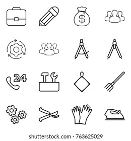 Thin line icon set : portfolio, pencil, money bag, group, around gear, draw compass, drawing compasses, phone 24, repair tools, rag, fork, gears, pruner, gloves, iron