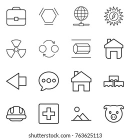 Thin line icon set : portfolio, hex molecule, globe connect, sun power, nuclear, quantum bond, nano tube, home, left arrow, balloon, block wall, building helmet, first aid, landscape, pig