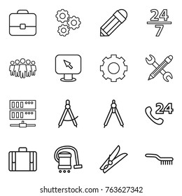 Thin line icon set : portfolio, gear, pencil, 24 7, team, monitor arrow, wrench, server, draw compass, drawing compasses, phone, suitcase, vacuum cleaner, clothespin, brush