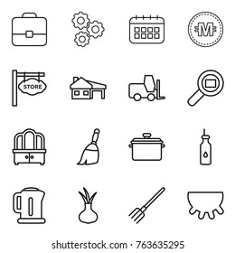 Thin line icon set : portfolio, gear, calendar, crypto currency, store signboard, house with garage, fork loader, cargo search, dresser, broom, pan, vegetable oil, kettle, onion, udder
