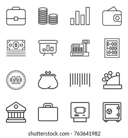 Thin line icon set : portfolio, coin stack, graph, wallet, money, presentation, cashbox, abacus, crypto currency, purse, bar code, library, suitcase, atm, safe