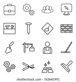 Thin line icon set : portfolio, gear, group, monitor arrow, tools, nail, under construction, brick wall, loading, workman, rake, gears, pruner, clean floor, scraper