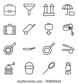 Thin line icon set : portfolio, funnel, cargo top sign, insurance, suitcase, baggage get, mixer, pan, garlic clasp, hand mill, bucket, duster, please clean