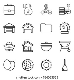 Thin line icon set : portfolio, money gift, spinner, mall, garage, barn, documents, alarm, confidential, home, cauldron, bbq, eggs, cookies, sun, broom