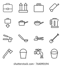 Thin line icon set : portfolio, cargo top sign, suitcase, baggage get, saute pan, kettle, garlic clasp, ladle, scissors, shovel, axe, bucket, water tap