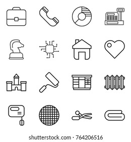 Thin line icon set : portfolio, phone, circle diagram, cashbox, chess horse, chip, home, heart, castle, repair, wardrobe, radiator, mixer, sieve, scissors, towel