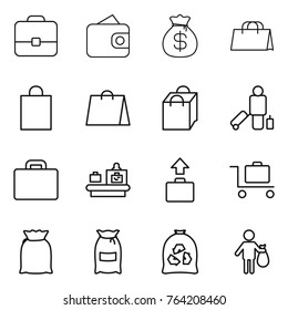 Thin line icon set : portfolio, wallet, money bag, shopping, passenger, suitcase, baggage checking, trolley, flour, garbage, trash