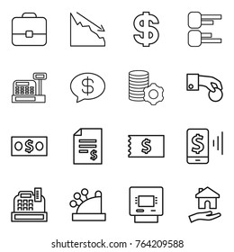 Thin line icon set : portfolio, crisis, dollar, diagram, cashbox, money message, virtual mining, hand coin, account balance, receipt, mobile pay, atm, housing