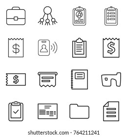 Thin line icon set : portfolio, share, report, clipboard, receipt, pass card, atm, copybook, slum, check, invoice, documents, document