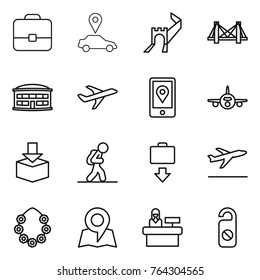 Thin line icon set : portfolio, car pointer, greate wall, bridge, airport building, plane, mobile location, package, tourist, baggage get, departure, hawaiian wreath, map, reception, do not distrub