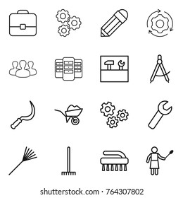 Thin line icon set : portfolio, gear, pencil, around, group, server, tools, draw compass, sickle, wheelbarrow, gears, wrench, rake, brush, woman with duster