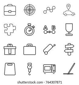 Thin line icon set : portfolio, target, graph, car pointer, puzzle, stopwatch, route a to b, fragile, hi quality package, suitcase, signpost, cutting board, handle scales, microwave oven, rake