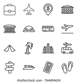 Thin line icon set : portfolio, plane, dollar pin, airport building, dome house, bus, departure, tent, palm, hotel, transfer, signpost, yacht, inflatable mattress, flip flops