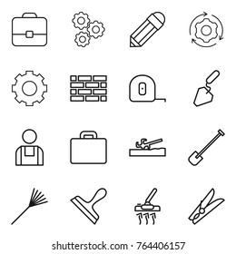 Thin line icon set : portfolio, gear, pencil, around, brick wall, measuring tape, construction, workman, suitcase, soil cutter, shovel, rake, scraper, vacuum cleaner, clothespin