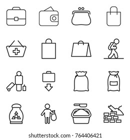 Thin line icon set : portfolio, wallet, purse, shopping bag, add to basket, tourist, passenger, baggage get, flour, fertilizer, trash, washing powder, construct garbage