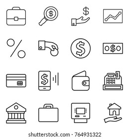 Thin line icon set : portfolio, dollar magnifier, investment, statistics, percent, hand coin, money, credit card, mobile pay, wallet, cashbox, library, suitcase, atm, housing