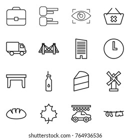 Thin line icon set : portfolio, diagram, eye identity, delete cart, delivery, bridge, skyscraper, clock, table, vegetable oil, cake, windmill, bread, maple leaf, car wash, drying clothe