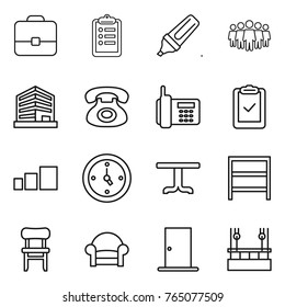 Thin line icon set : portfolio, clipboard, marker, team, office, phone, check, sorting, watch, table, rack, chair, armchair, door, skysrcapers cleaning