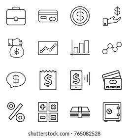 Thin line icon set : portfolio, card, dollar, investment, money gift, statistics, graph, message, receipt, mobile pay, credit, percent, calculator, safe