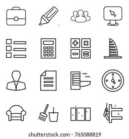 Thin line icon set : portfolio, marker, group, monitor arrow, list, calculator, skyscraper, client, document, hotel, watch, armchair, bucket and broom, clean window, skyscrapers cleaning