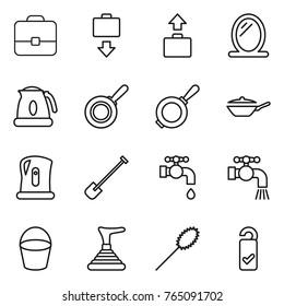 Thin line icon set : portfolio, baggage get, mirror, kettle, pan, shovel, water tap, bucket, plunger, duster, please clean