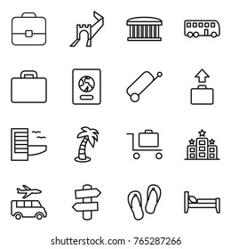 Thin line icon set : portfolio, greate wall, airport building, bus, suitcase, passport, baggage, hotel, palm, trolley, transfer, signpost, flip flops, bed