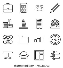 Thin line icon set : portfolio, calculator, group, pencil, store, skyscraper, office, phone, documents, sorting, watch, table, armchair, window, skyscrapers cleaning