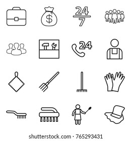 Thin line icon set : portfolio, money bag, 24 7, team, group, tools, phone, workman, rag, fork, rake, gloves, brush, woman with duster, floor washing