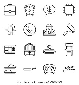 Thin line icon set : portfolio, alarm clock, money message, chip, phone, mansion, repair, wardrobe, dresser, hanger, chair, slippers, pan, pretzel, soil cutter