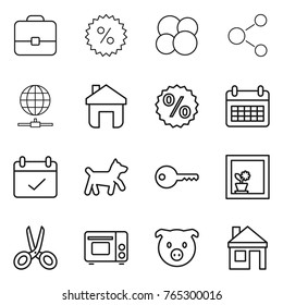 Thin line icon set : portfolio, percent, atom core, molecule, globe connect, home, calendar, terms, dog, key, flower in window, scissors, grill oven, pig, house