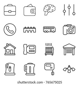 Thin line icon set : portfolio, wallet, brain, equalizer, phone, bridge, bus, camera, home, intercome, radiator, garage, kettle, mixer, hard reach place cleaning