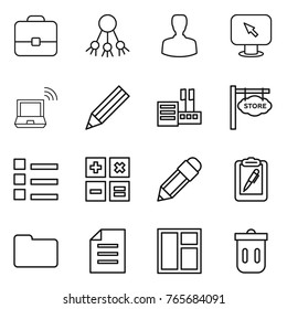 Thin line icon set : portfolio, share, man, monitor arrow, notebook wireless, pencil, store, signboard, list, calculator, clipboard pen, documents, document, window, trash bin