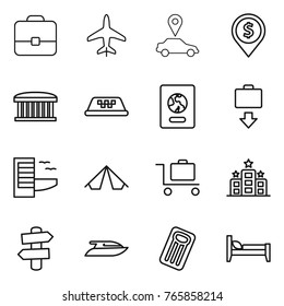 Thin line icon set : portfolio, plane, car pointer, dollar pin, airport building, taxi, passport, baggage get, hotel, tent, trolley, signpost, yacht, inflatable mattress, bed