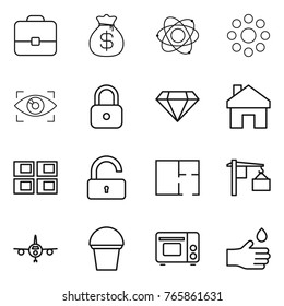 Thin line icon set : portfolio, money bag, atom, round around, eye identity, lock, diamond, home, panel house, unlock, plan, loading, plane, bucket, grill oven, hand drop