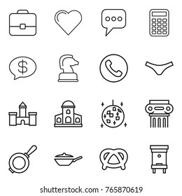 Thin line icon set : portfolio, heart, message, calculator, money, chess horse, phone, underpants, castle, mansion, disco ball, antique column, pan, pretzel, hive