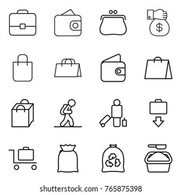 Thin line icon set : portfolio, wallet, purse, money gift, shopping bag, tourist, passenger, baggage get, trolley, flour, garbage, washing powder