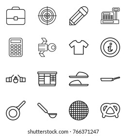 Thin line icon set : portfolio, target, pencil, cashbox, calculator, satellite, t shirt, info, drawbridge, wardrobe, slippers, pan, ladle, sieve, pretzel